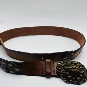 CAbi Leather Belt Size M Ornate Floral Brass Buckle Brown Statement